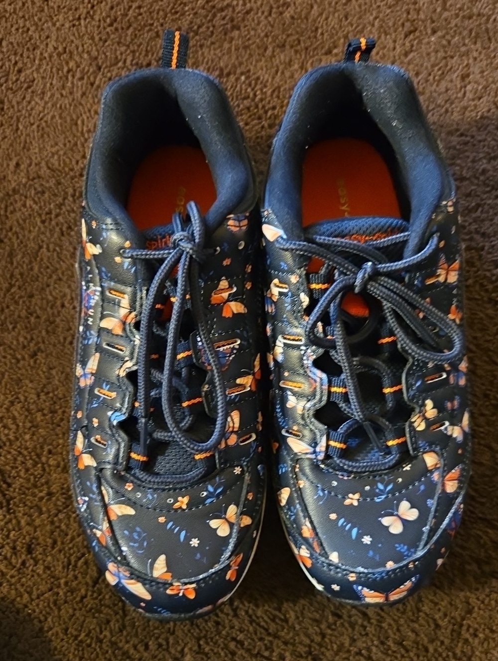 Easy Spirit Navy Butterfly Print Sneakers with Orange Accents